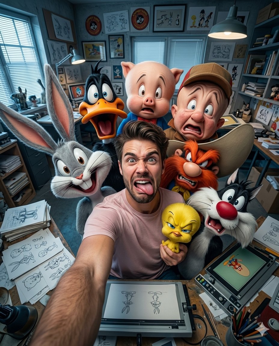 Looney Tunes Karakterleriyle Gerçekçi Selfie Görsel Promptu